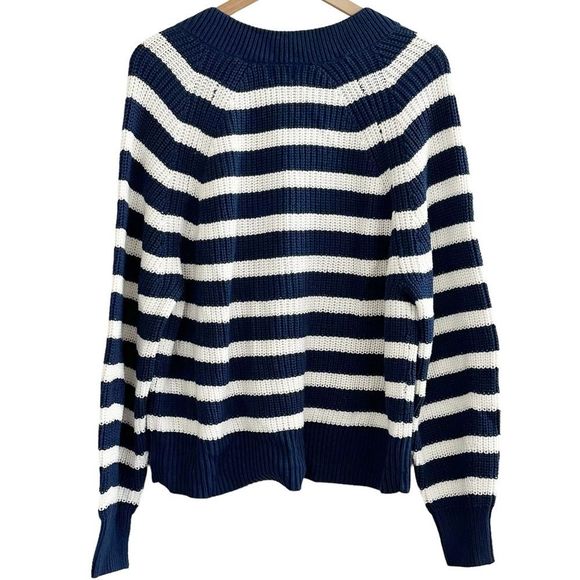 A New Day Blue Striped V-Neck Balloon Sleeve Pullover Chunky Knit Sweater XL - Picture 3 of 5